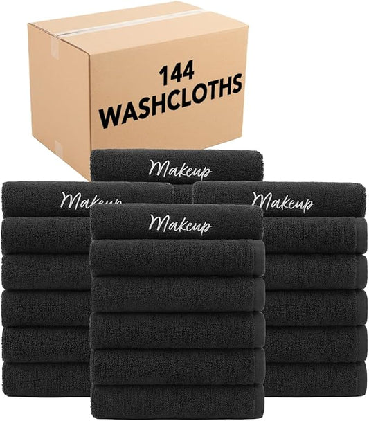 Arkwright Makeup Remover Fingertip Towels Bulk, Case of 144, 100% Cotton Soft Quick Dry Guestroom Bath Face Towels for Makeup Removal and Facial Cleansing, 11 x 17 in, Black