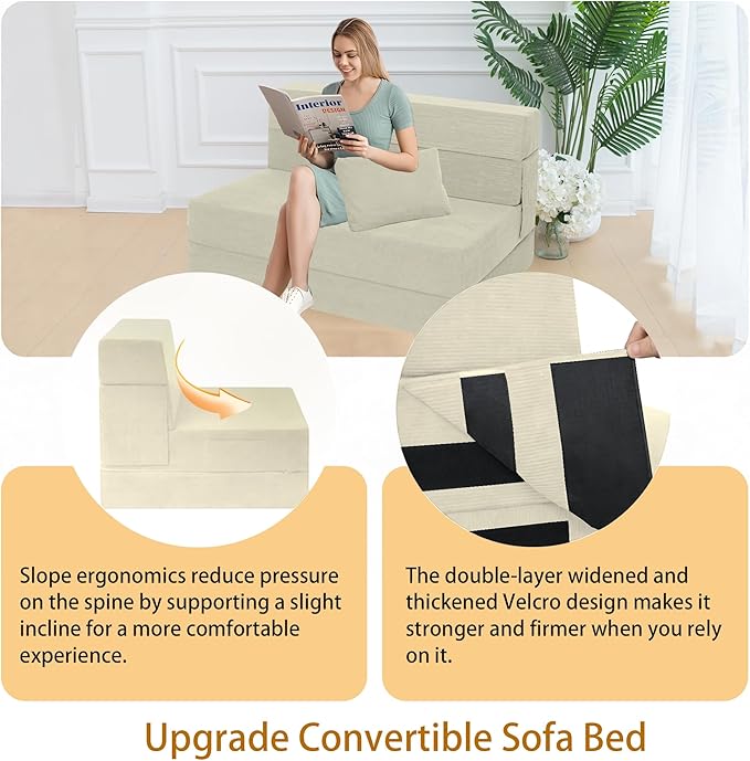 Sofa Bed Foldable Mattress ，Folding Sleeper Sofa Chair Bed Floor Mattress with Pillow for Living Room Home Office (Off White- Corduroy, Twin)