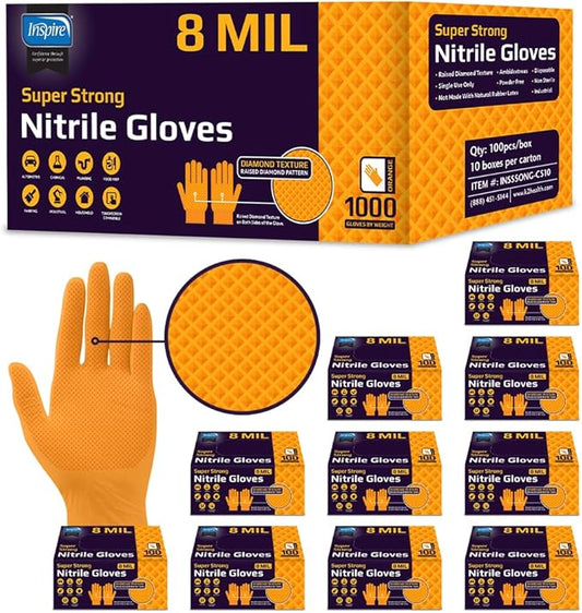 Inspire Heavy Duty Orange Nitrile Gloves | ULTRA 8 Mil Diamond Textured Grip | Industrial Mechanic Disposable Cleaning Gloves