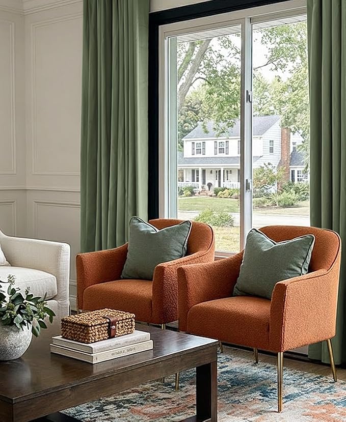 INOVADAY 100% Blackout Curtains for Bedroom, Black Out Curtains 120 Inch Long, Clip Rings Linen Blackout Drapes, Thermal Insulated Room Darkening for Living Room, 2 Panels - Moss Green,W50xL120