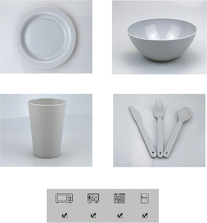 Plastic Plates and Bowls Sets,College Dorm Room Essentials Dishes Set Camping Plates,Dinnerware Accessories Mess Kit-Microwaveoven Safe BPA-Free with Mesh Bag-24PCS