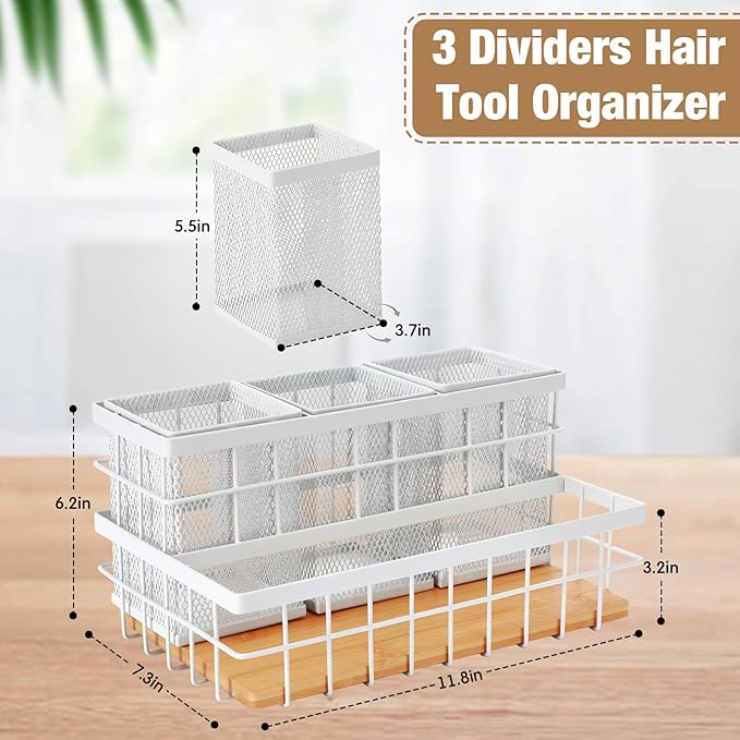 1 Pcs 1pcs Hair Tool Organizer Countertop Breathable Metal Bamboo Hot Tools Vanity Organizer Under Sink Bathroom Hair Dryer Holder Countertop Brush Comb Holder Tray (Natural Bamboo,White)