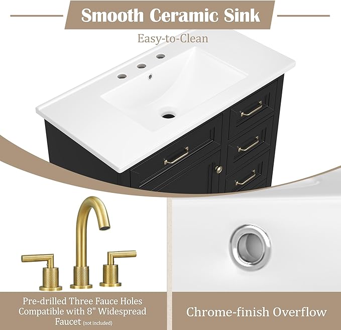 Christopher Knight Home Meril Bathroom Vanity with Ceramic Sink, Wooden Bathroom Storage Cabinet, Pedestal Sink Storage Cabinet, Bathoom Vanity Organizer, Adjustable Door Shelves+Drawer, Black