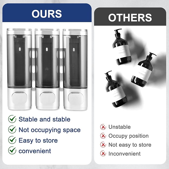 6pcs Shampoo and Conditioner Dispenser No Drill Shower soap Dispenser Wall Mounted 3 Chamber for Bathroom, Kitchen,Hotel Pumps are Easy to use No leaks (Silver)