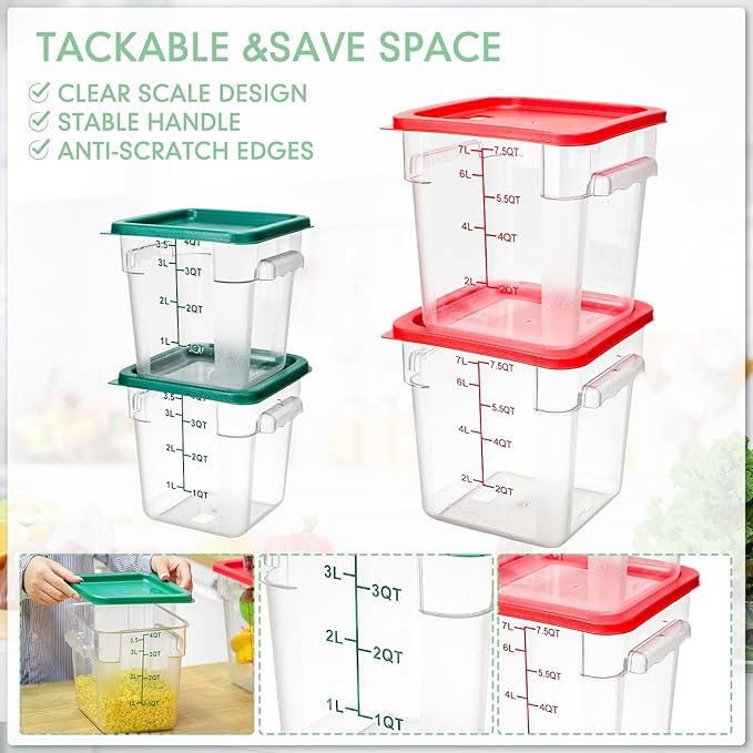 Lallisa 4 Pcs 8qt & 4qt Clear Food Storage Containers with Lids Handles and Scales, Stackable Plastic Square Food Storage Containers for Dough Proofing Baking Kitchen Restaurant(Red, Green)