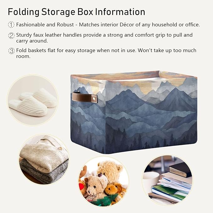 Storage Basket Nature Mountain Rectangular Collapsible Canvas Shelves Storage Bins with Leather Handles for Shelves Home Closet Bedroom Living Room, 1Pack