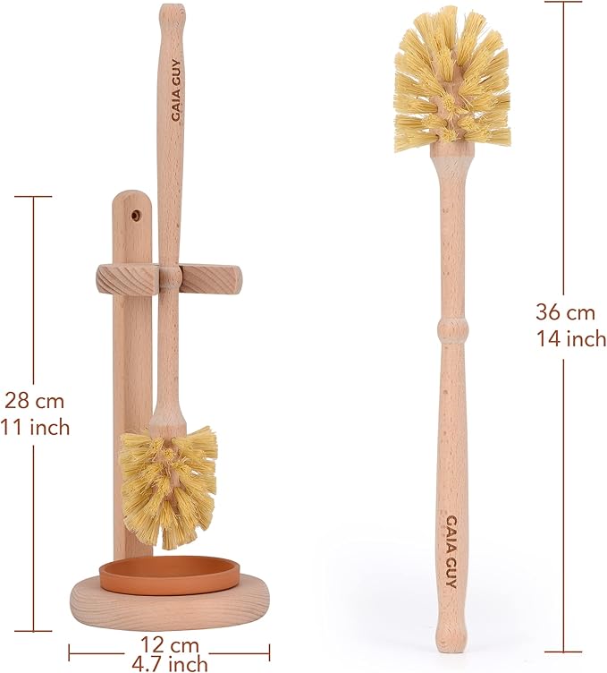 Gaia Guy Beech Wood Toilet Brush with Stand & Ceramic Drip Tray – Eco-Friendly Toilet Scrubber with Sisal Bristles – Compostable, Biodegradable & Plastic-Free Bathroom Cleaner