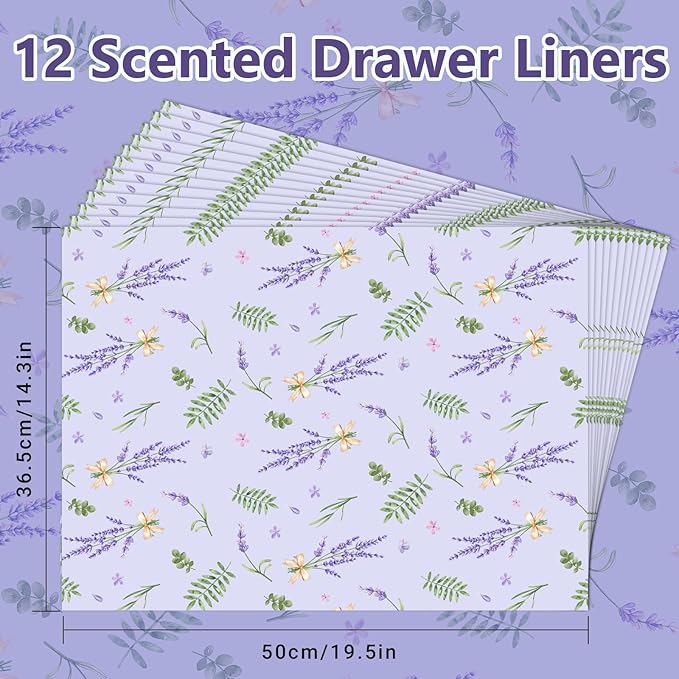 SCENTORINI Scented Drawer Liners for Dresser, 12 Sheets Lavender Scent Drawer Paper Liners,14.3x19.5 Inch Scented Paper Sheets for Home Shelf Closet Bedroom Drawers