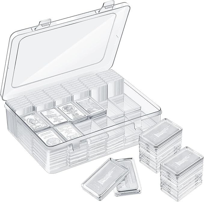 Batiyeer 200 Pcs 1 oz Silver Bar Case Holder Clear Acrylic Bar Capsule Storage Container for 1 Ounce Holder with Plastic Storage Box for Collectors Investors