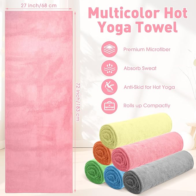 6 Pcs Hot Yoga Towels Bulk Non Slip Microfiber Anti Slip Absorbent Multicolor Wicking Pilates Yoga Mat Towel for Women Men Pilates, 27" x 72" (Multicolor)
