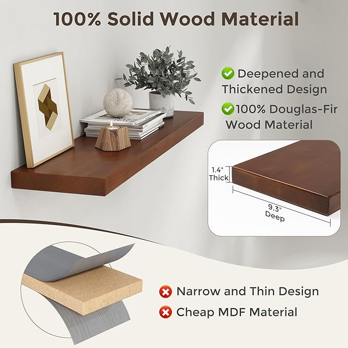 Floating Shelves for Wall, 36"Wx9.3"D USA-Sourced Douglas-Fir Solid Wood Rustic Wall Shelves with Heavy Duty Invisible Bracket, Nursery Book Storage Display Shelf for Bathroom, Set of 2, Walunt Finish