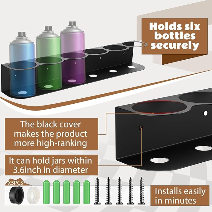 2 Pcs 6 Holes All Purpose Steel Spray Bottle Holder Heavy Duty Can Holder Rack Organizer Easy Install Wall Mount Paint Spray Bottle Organizer Storage Rack for Garage Home Workspace(Black)