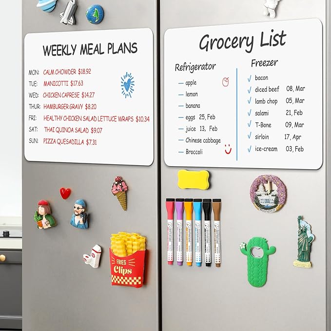 6 Pack Magnetic Dry Erase Board Sheet for Fridge, 12"x8" Erasable Refrigerator WhiteBoard w/ 6 Markers & 1 Eraser- Smooth and Flexible Small Magnet Blank Notepad for Home Kitchen Organizer and Planner