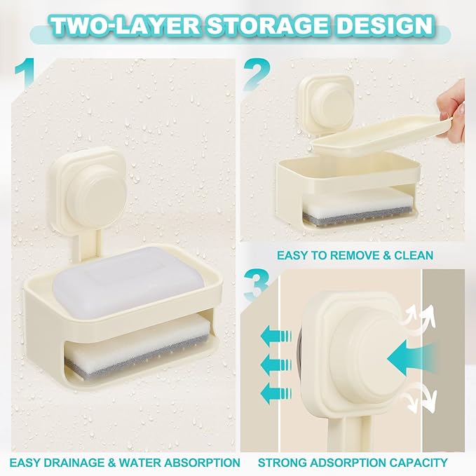 uxcell 2Pcs Suction Cup Soap Dish, Removable and Reusable Wall Mounted Double Bar Soap Holder for Shower No-Drilling Sponge Holder for Bathroom Kitchen, White