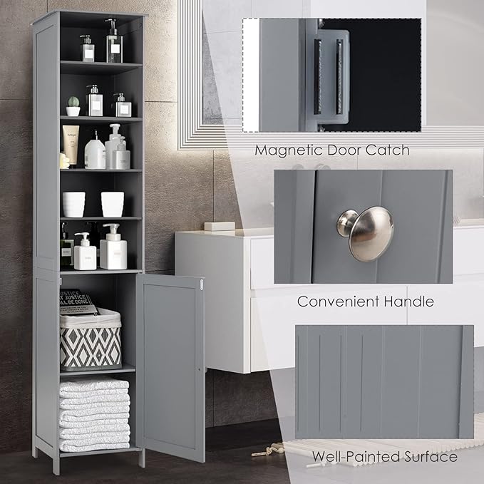 HAPPYGRILL Tall Bathroom Storage Cabinet, 72” Slim Bathroom Cabinet Organizer with 5 Open & 2 Adjustable Shelves, Anti-Tilt Design, Freestanding Storage Cabinet for Bathroom Living Room (Grey)