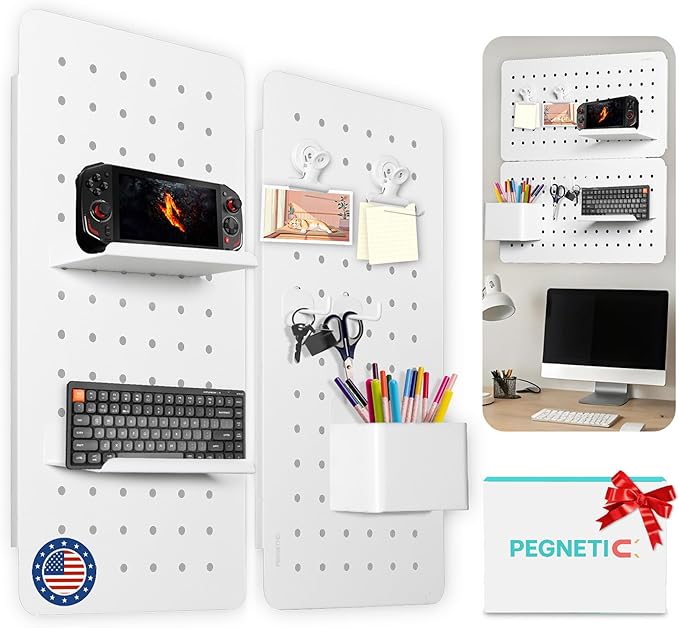 Upgraded Metal Pegboard Wall Organizer Kit – Magnetic, Heavy-Duty Peg Board with Shelves, Hooks & Clips – Wall Mount Storage for Office, Kids, Makeup, Garage & Home, Craft Organizer