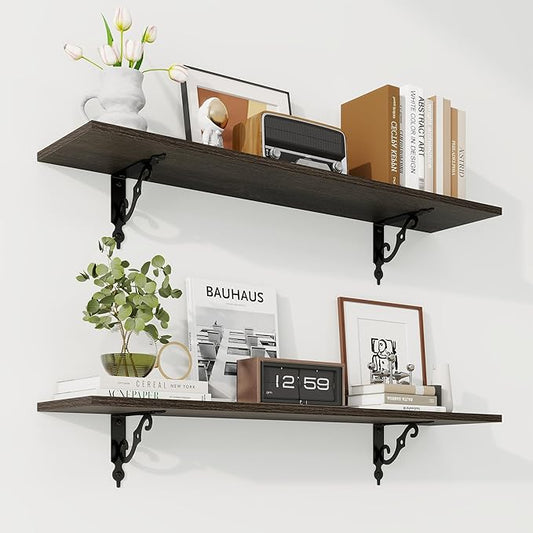 RICHFOCUS Floating Shelves for Wall Decor, 35.4W x 8D Shelves Set of 2, 8 Inch Deep Rustic Wood Shelves Wall Mounted with Brackets, Long Floating Shelves for Living Room Bedroom Kitchen, Black