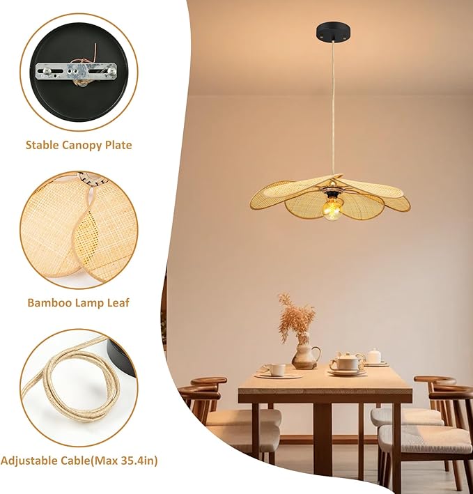 Bamboo Pendant Light Fixture, 24 Inch Flower Handwoven Rattan Lampshade 5”-34.5” Adjustable Height Hanging Lights, Boho Chandelier Ceiling Hanging Lamp for Living Room Kitchen Bedroom(Not Bulb)