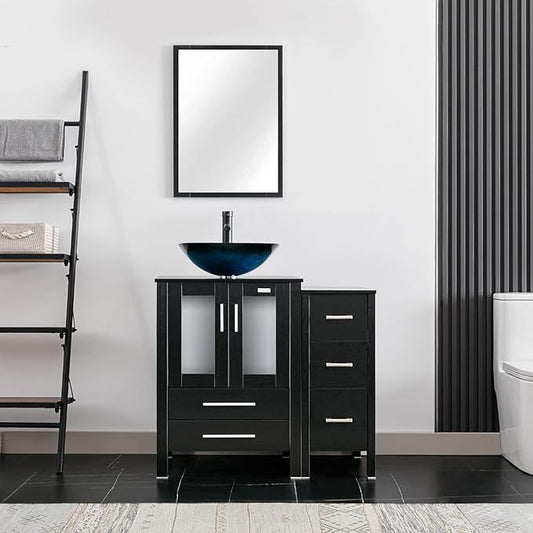 eclife 36" Modern Bathroom Vanity Sink Combo Freestanding Cabinet with Small Side Cabinet, Turquoise Square Glass Vessel Sink, Water Save Faucet, Drain (Black+A10)