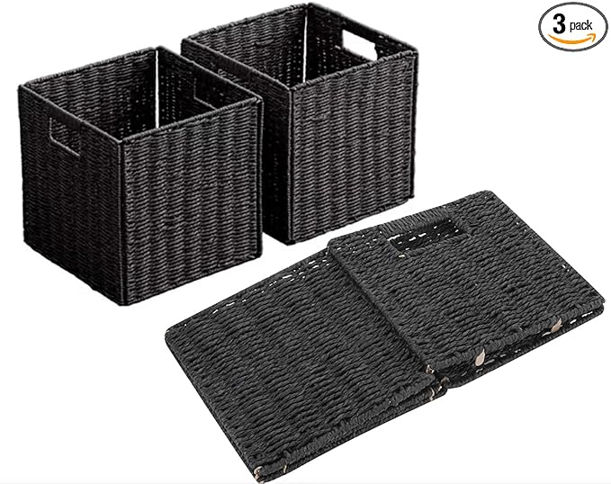 10.5x10.5in Storage Baskets Set of 3 Black Paper Rope Woven Baskets,Foldable Handwoven Storage Cubes,Wicker Cube Baskets Laundry Organizer Totes for Bathroom, Bedroom, Laundry, Pantry, Shelves