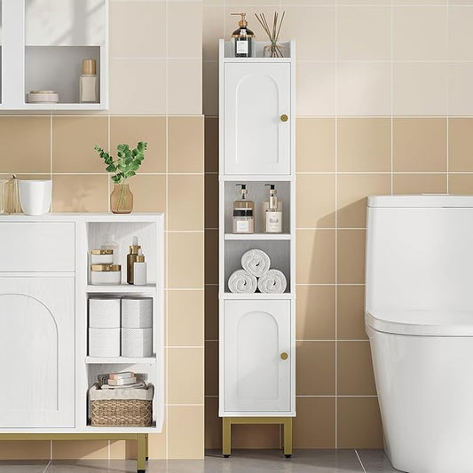 Slim Bathroom Storage Cabinet, Narrow Bathroom Organizers and Storage with 4 Adjustable Feet, Laundry Room Organization for Small Space, Kitchen, Living Room, 2 Doors White BC22413G