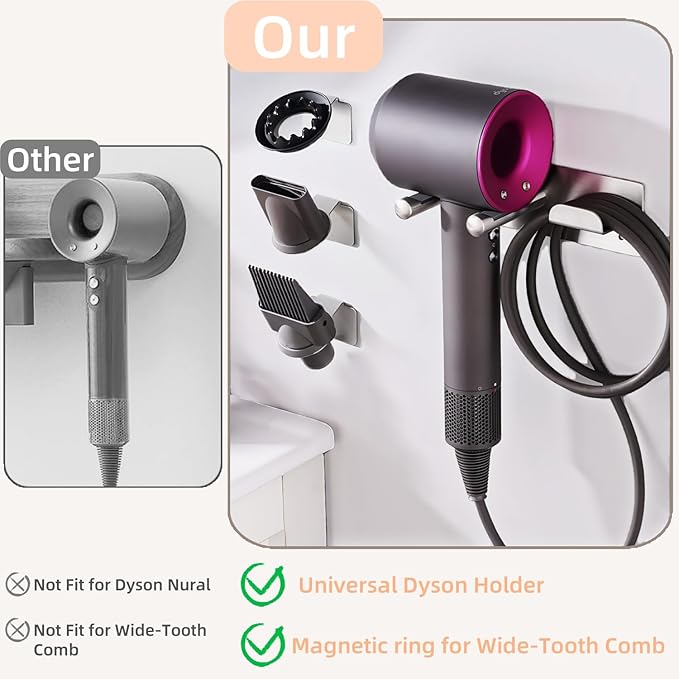 Dyson Hair Dryer Holder, Hair Dryer Wall Mount Organizer for Supersonic & Nural, Stainless Steel Dyson Blow Dryer Holder with Magnetic Rings, Waterproof & Rust Resistant for Bathroom/Salon