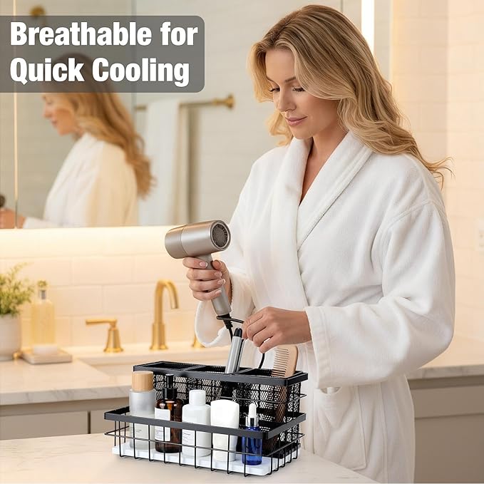 2 Pcs 1pcs Hair Tool Organizer Countertop Breathable Metal Bamboo Hot Tools Vanity Organizer Under Sink Bathroom Hair Dryer Holder Countertop Brush Comb Holder Tray (White Bamboo,Black)
