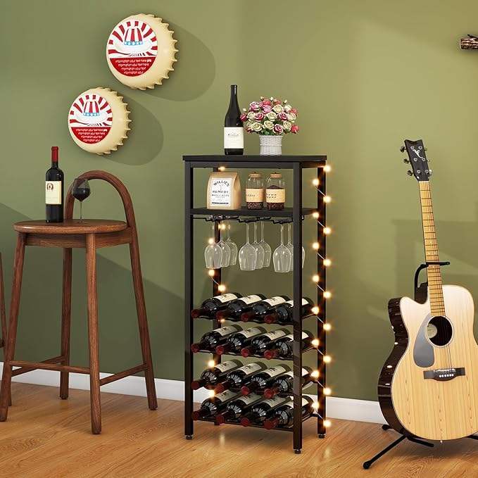 IBUYKE Wine Racks Freestanding Floor,Liquor Bottle Holder,16 Bottles Wine Cabinet with Glass Holder,Wine Holder Display,Mini Wine Bar Table for Living Room,Kitchen Pantry,Dining Room,Black UTMJ907B