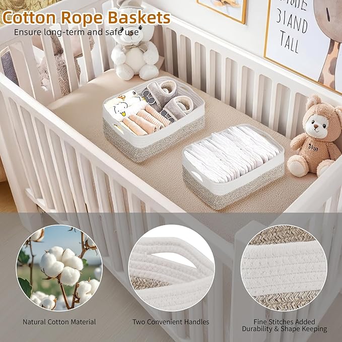 4 Pack Storage Baskets for Organizing, Small Storage Bins for Shelves, Woven Cotton Rope Baskets with Handles, Organizer Baskets for Gifts Empty, 12''Lx8''Wx4.5''H (Gradient Brown)
