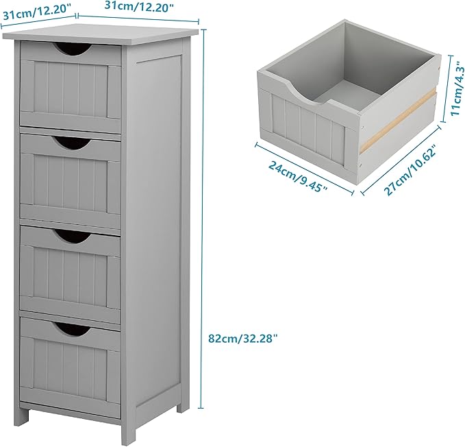 Bonnlo Bathroom Organizer and Storage Wooden Side Bathroom Cabinet with 4 Drawers Free Standing Cabinet White for Bathroom Bedroom Living Room Hallway, 11 13/16" x11 13/16" x32 3/8" (Grey)