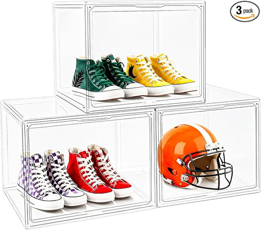 3 Pack XXX-Large Tall Boot Storage Organizer 17.3x13x13, Acrylic Display Case Shoe Boxes Extra Large Helmet Showcase Clear Stackable Hangbag Tote Bag with Magnetic Lid, 3 Pack Boxes with 2 Shoe Bags