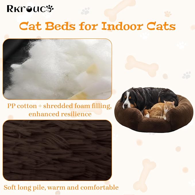 Fluffy Dog Bed Calming Donut Beds for Large Dogs Warming Round Small Medium Pet Nest Cozy Cat Mattress Indoor Washable Puppy Kennel Kittens Sleep Mat (L, 35.4×35.4 inch, Brown)