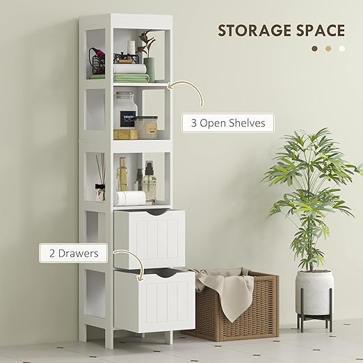 HOMCOM Narrow Bathroom Storage Cabinet, Bathroom Floor Cabinet with 2 Drawers & 3 Open Shelves, Freestanding Slim Storage Organizer for Small Spaces, White