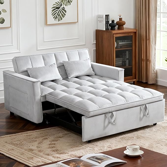 Convertible Sofa Bed, Love Seat Sleeper Bed with Side Pockets, 3 in 1 Velvet Fabric Pull Out Couch with Adjustable Backrest for Living Room, Bedroom, Apartment, Gray