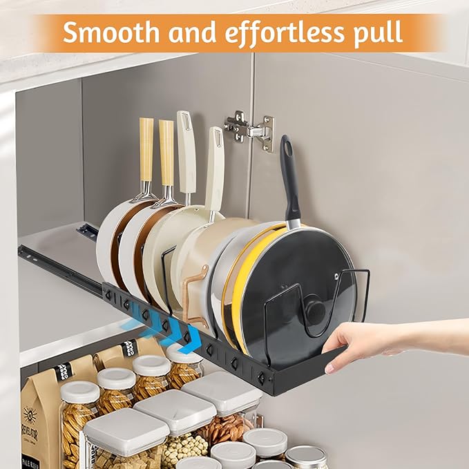 XIAPIA Pull Out Pots and Pans Organizer Under Kitchen Cabinet, Pot Lid Organizers, Slide Out Cookware Storage Rack with 8 Adjustable Dividers, Pull Out Shelves for Dishware Seasoning, (Black, 1 Pack)