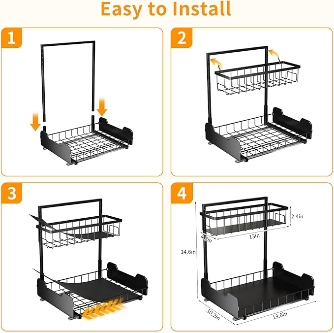 Under Sink Organizer, 2-Tier Thickened All-Metal L-Shaped Pull Out Cabinet Organizer Shelf, Height Adjustable Slide Out Storage Drawer for Kitchen, Bathroom, Laundry, Black, 2-Pack