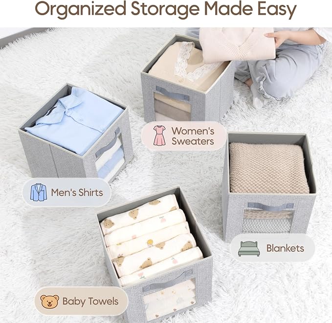 Foldable Storage Cubes - Cubby Storage Organizer with Window, Decorative Baskets for Organizing, 11 Inch Fabric Cube Shelf Bins, Set of 10, Light Gray