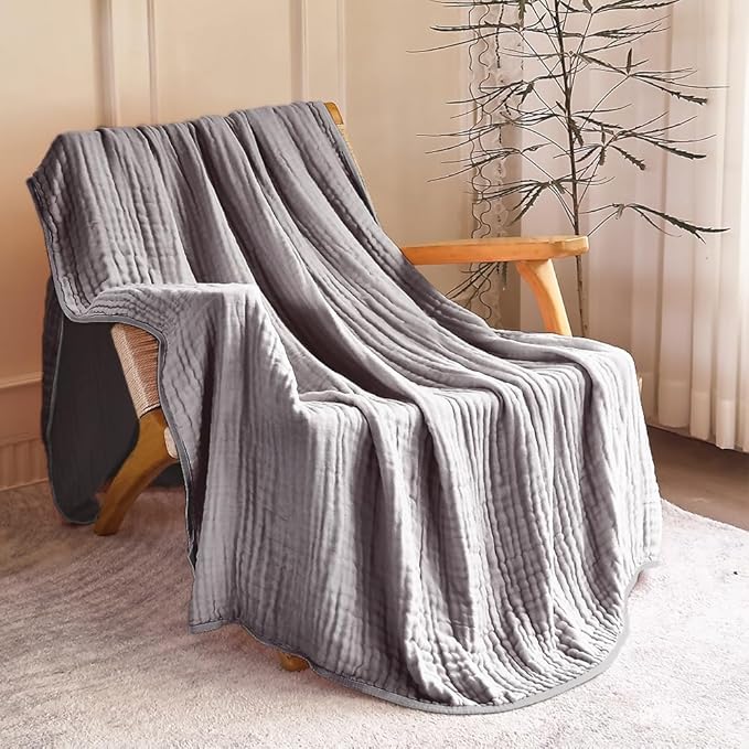 SANACYNA Muslin Blankets 100% Cotton 6-Layer Gauze Gray Grid Bed Blanket Lightweight Soft and Breathable King Blanket for Sofa Bed Coverlet Both Sides (Grey, Baby 30"x40")