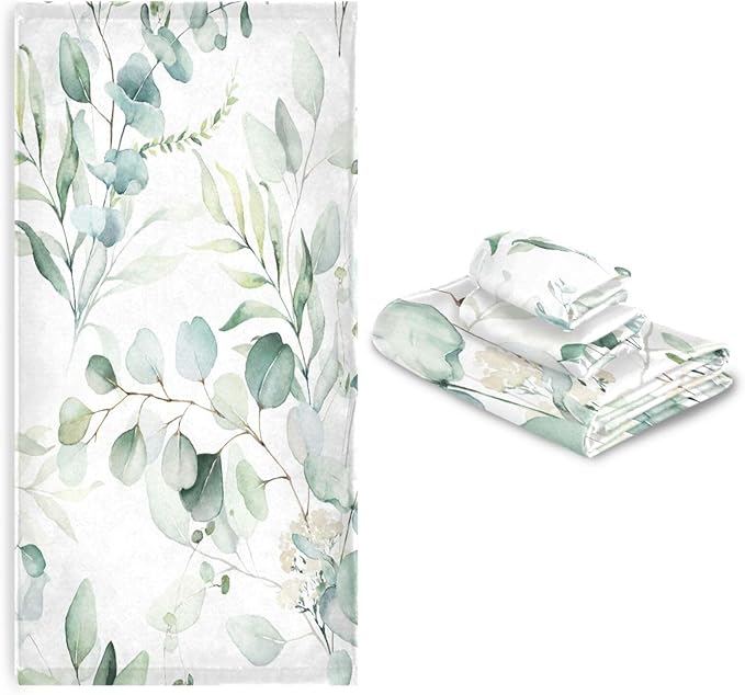 3 Piece Sage Green Eucalyptus Bath Towels Set,Microfiber Absorbent Vintage Watercolor Leaves White Floral Towels for Bathroom,1 Bath Towel,1 Hand Towel,1 Washcloth,Decorative Bathroom Towels
