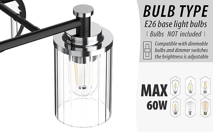 Bathroom Lighting Fixtures Black and Chrome Bathroom Vanity Light with Cylindrical Clear Stripes Glass Lampshade E26 Socket Base Bathroom Lighting Fixtures Over Mirror (4 Lights)