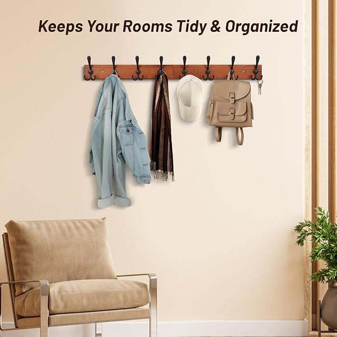 Rustic 32.2" Large Coat Rack Wall Mount, Long Wood Coat Hooks Wall Mount with 8 Triple Hooks, Heavy Duty Wooden for Entryway, Farmhouse Hanging Jackets, Coats, Hats, Bags,Towel