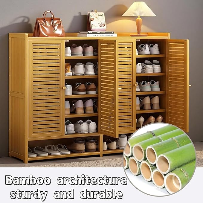 Bamboo Shoe Cabinet, 36-40 Pairs 8 Tier Shoe Rack with Doors, Freestangding Shoe Cabinet Organizer with Shelves, 43" Tall Shoe Rack Organizer for Entryway, Closet, Hallway