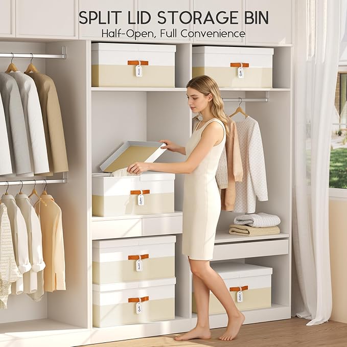 Extra Large Storage Bins - 2 Pack Closet Storage Boxes with Double-Open Lid & Divider Board, Stackable Colthes Storage Organizer, Fabric Basket with Label Tag for Home, Laundry