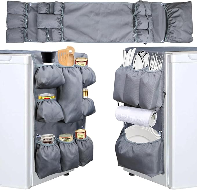 12 Pocket Mini Fridge Organizer, Over the Fridge Storage Organizer, Dorm Room Essentials for College, Office, Dorm Accessories (Gray)