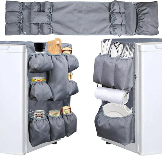 12 Pocket Mini Fridge Organizer, Over the Fridge Storage Organizer, Dorm Room Essentials for College, Office, Dorm Accessories (Gray)