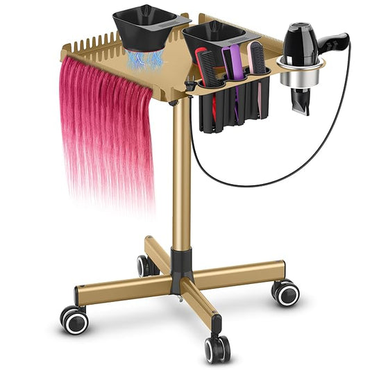 Gold Salon Tray on Wheels – Salon Rolling Tray Set with Magnetic Hair Dye Bowl, Heat-Resistant Tool Rack, Hair Extension Holder for Styling, Rolling Tool Cart & Hair Salon Station Organizer