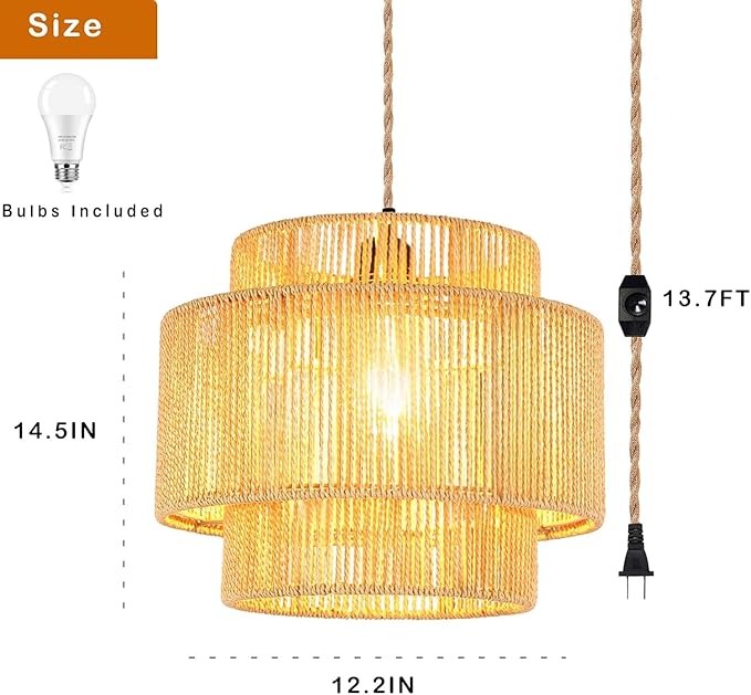 Plug in Pendant Light Hanging Lights with Plug in Cord Boho Hanging Lamp Dimmable,Rattan Wicker Woven Bamboo Lamp Shade, Plug in Ceiling Light Fixture for Living Room Bedroom Kitchen