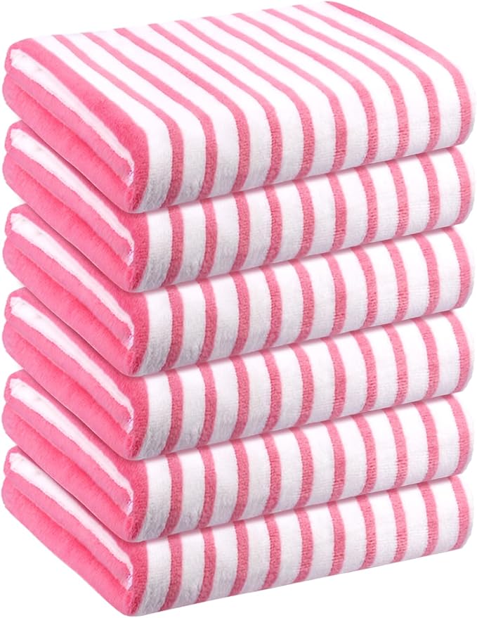 Beach Towels, Microfiber Bath Towel (6 Pack, 30" x 60") Cabana Stripe Absorbent and Quick Dry Bath Towel Set for Adults, Travel, Summer Holiday, Sport, Swimming, Pool, Yoga, Camping, Stripe Pink