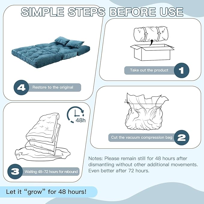 Folding Sofa Bed, Convertible Sleeper Chair with Pillow Foldable Mattress with Back Support, Portable Fold Out Chair Bed Comfy Floor Sofa Lounge for Living Room Bedroom, Blue Twin 80x39 Inch