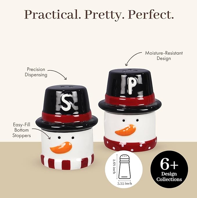 Young’s Inc Ceramic Christmas Marshmallow Snowman Salt & Pepper Set – Cute Red & Black Holiday Tabletop Shakers, 3.35" Small Size for Christmas Dining & Winter Kitchen Decor